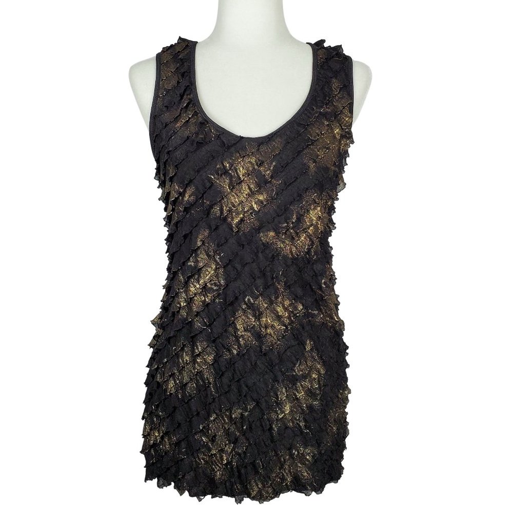 Style & Co. Metallic Ruffled Sleeveless Tank Top Women's Large Black Gold Party